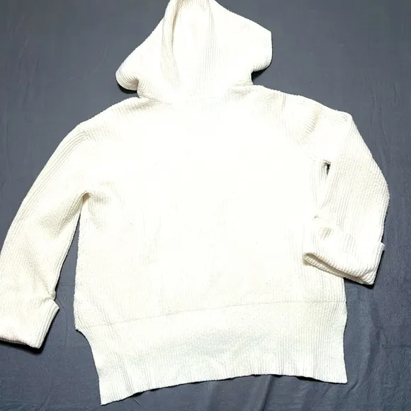 Anthropologie Oversized Chunky Ribbed Knit Hoodie V-neck Pullover Sweater White