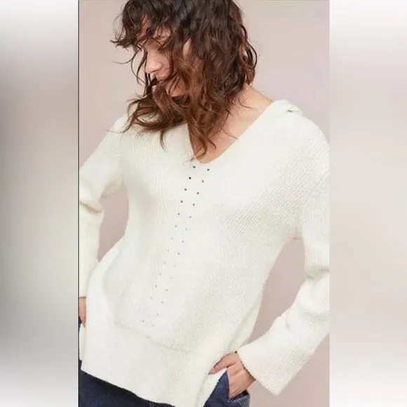 Anthropologie Oversized Chunky Ribbed Knit Hoodie V-neck Pullover Sweater White