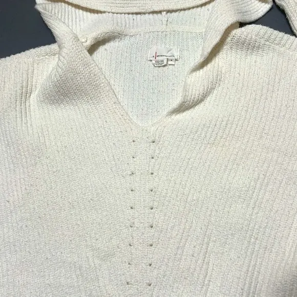 Anthropologie Oversized Chunky Ribbed Knit Hoodie V-neck Pullover Sweater White