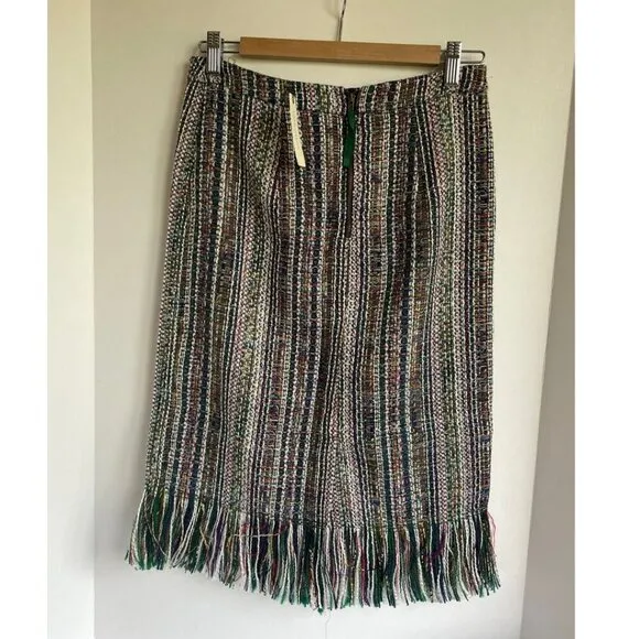 Anthropologie Pencil Skirt Blue Tweed Striped Fringed Hem Lined Maeve Office