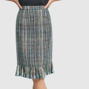 Anthropologie Pencil Skirt Blue Tweed Striped Fringed Hem Lined Maeve Office