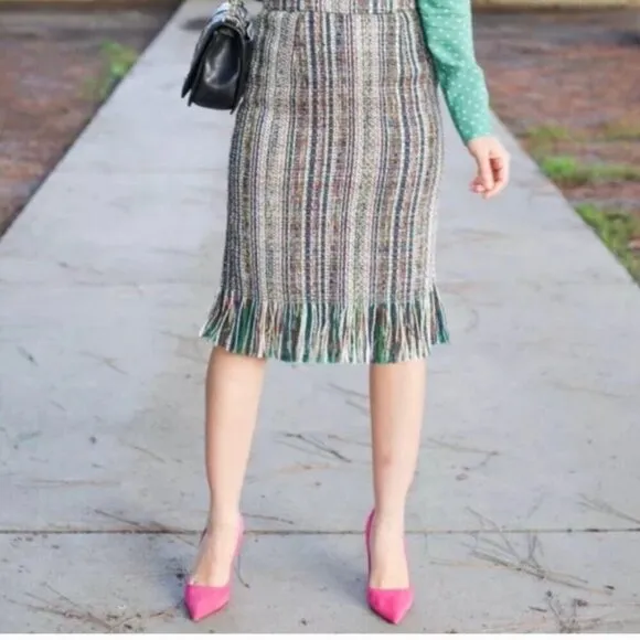 Anthropologie Pencil Skirt Blue Tweed Striped Fringed Hem Lined Maeve Office