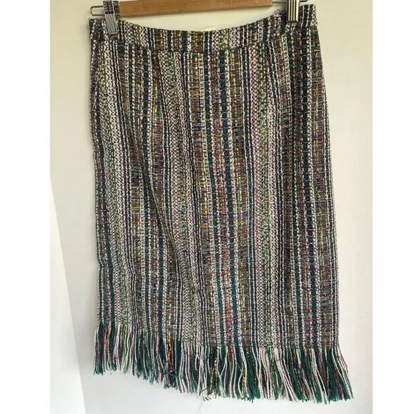 Anthropologie Pencil Skirt Blue Tweed Striped Fringed Hem Lined Maeve Office