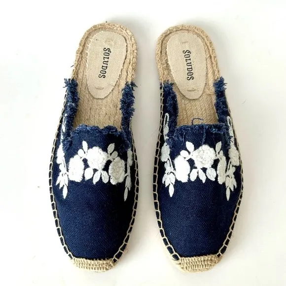 Anthropologie Soludos Frayed Floral Espadrilles Dark Blue White Slide Mule 7.5