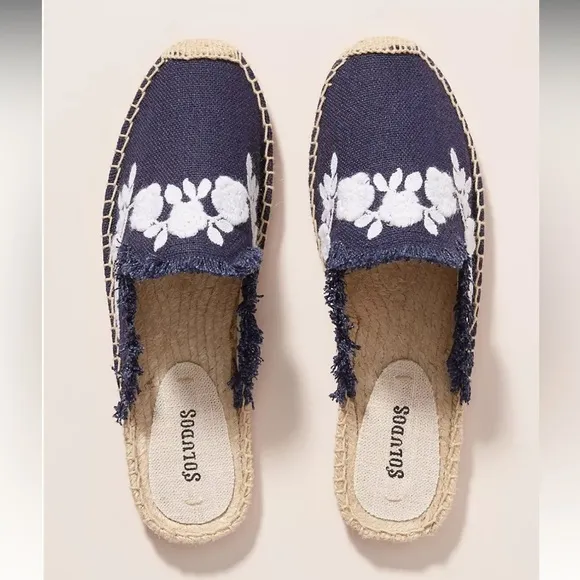 Anthropologie Soludos Frayed Floral Espadrilles Dark Blue White Slide Mule 7.5
