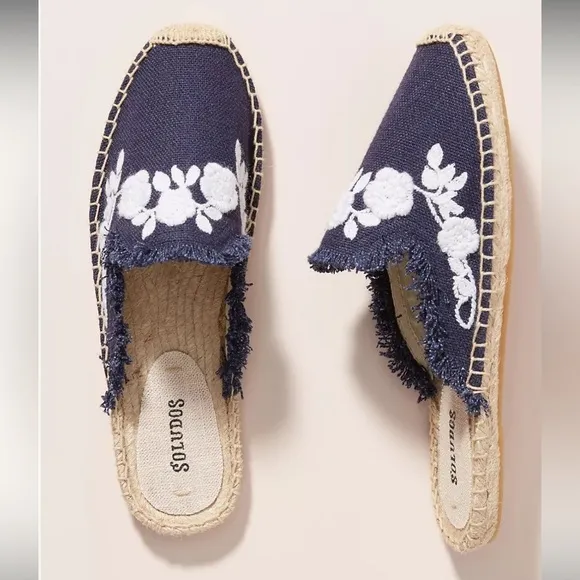 Anthropologie Soludos Frayed Floral Espadrilles Dark Blue White Slide Mule 7.5