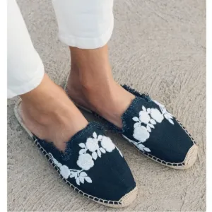 Anthropologie Soludos Frayed Floral Espadrilles Dark Blue White Slide Mule 7.5