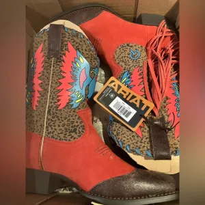 Ariat Kid’s Size 5 Rockin Read/Eagle Rose Square Toe 8’’ Height Isabel
