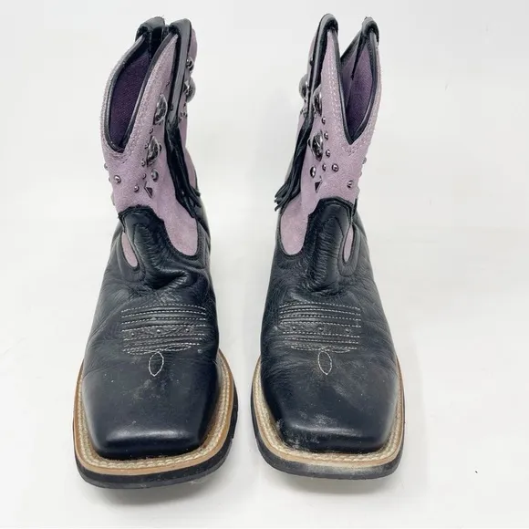 ARIAT Women’s Black Purple Studded Fringe Square Toe Cowboy Boots Size 8.5