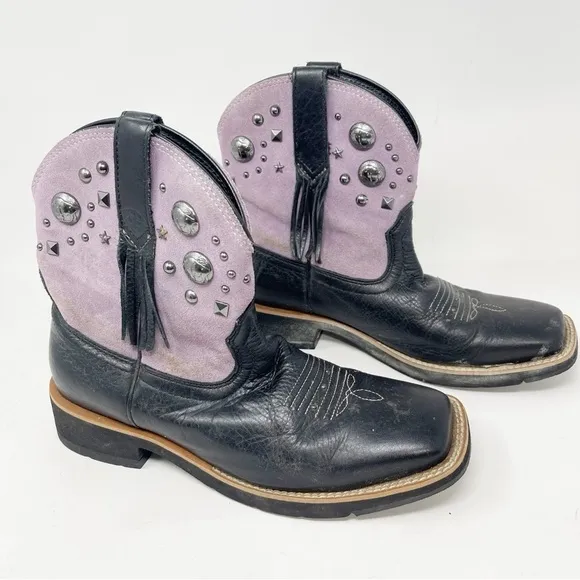 ARIAT Women’s Black Purple Studded Fringe Square Toe Cowboy Boots Size 8.5