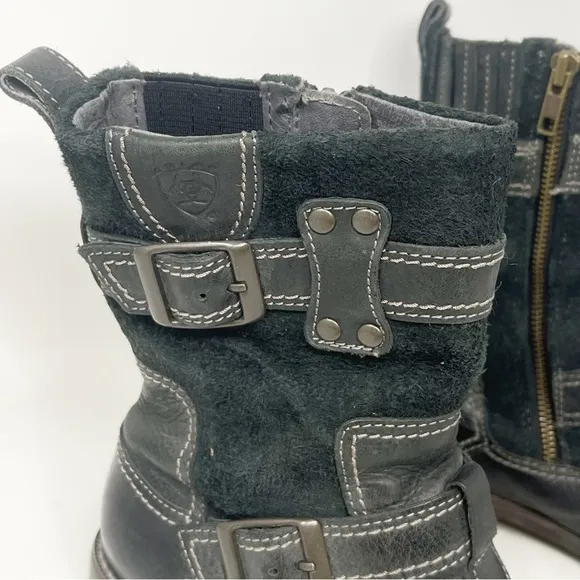 ARIAT Women’s Black Suede Leather LOWLAND RIDER Mid Calf Boots Buckle Lo…