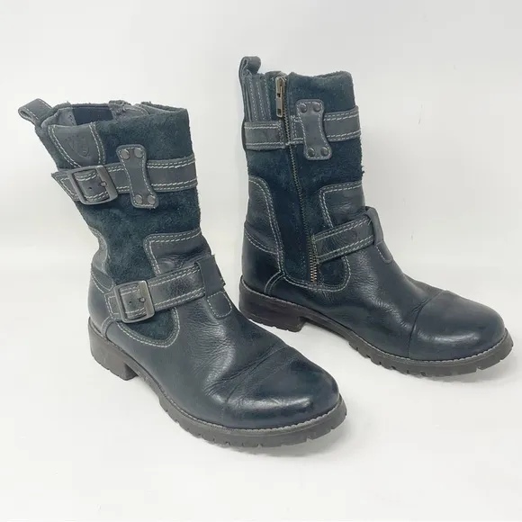 ARIAT Women’s Black Suede Leather LOWLAND RIDER Mid Calf Boots Buckle Lo…