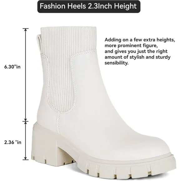 Athlefit Women's Chelsea Boots Cream Leather Slip on Lug Sole Booties