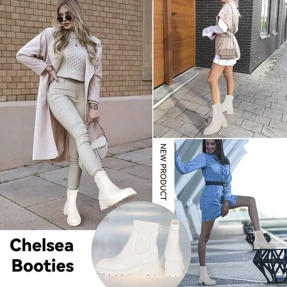 Athlefit Women's Chelsea Boots Cream Leather Slip on Lug Sole Booties