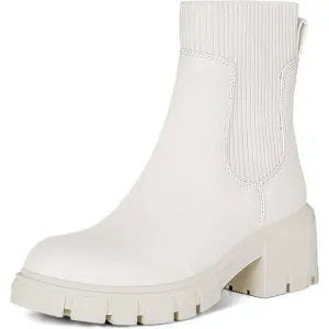 Athlefit Women's Chelsea Boots Cream Leather Slip on Lug Sole Booties
