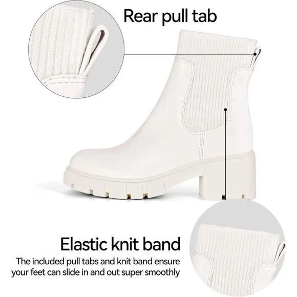 Athlefit Women's Chelsea Boots Cream Leather Slip on Lug Sole Booties