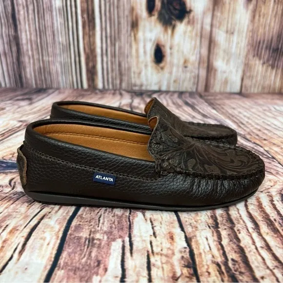 𝅺Atlanta Moccasin Brown Tooled Leather Slip On Shoe New Size 34