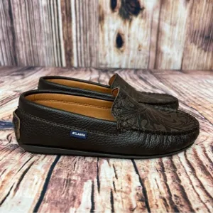 𝅺Atlanta Moccasin Brown Tooled Leather Slip On Shoe New Size 34