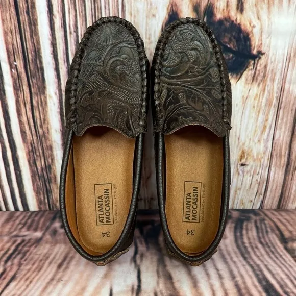 𝅺Atlanta Moccasin Brown Tooled Leather Slip On Shoe New Size 34