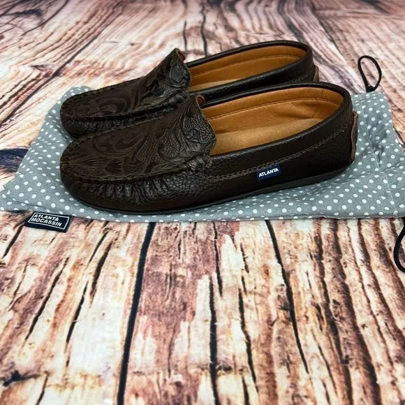 𝅺Atlanta Moccasin Brown Tooled Leather Slip On Shoe New Size 34