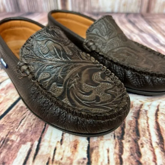 𝅺Atlanta Moccasin Brown Tooled Leather Slip On Shoe New Size 34