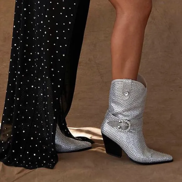 Azalea Wang Federica Silver Crystal Shortie Western Cowgirl Boots Rhinestone 6.5