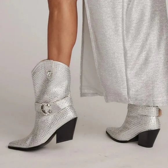 Azalea Wang Federica Silver Crystal Shortie Western Cowgirl Boots Rhinestone 6.5