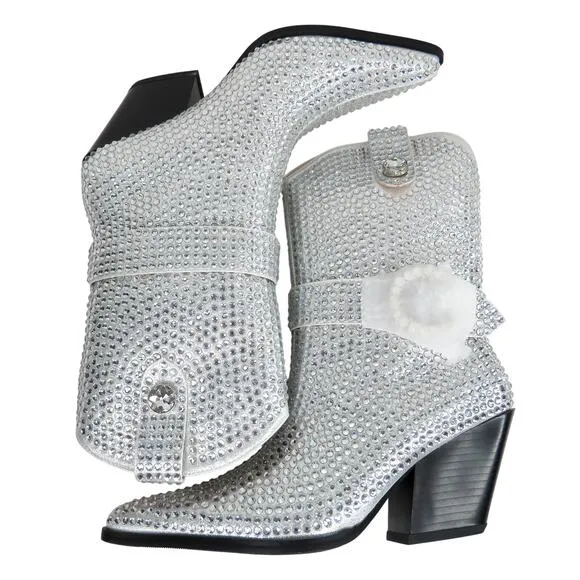 Azalea Wang Federica Silver Crystal Shortie Western Cowgirl Boots Rhinestone 6.5