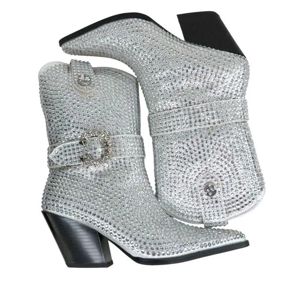 Azalea Wang Federica Silver Crystal Shortie Western Cowgirl Boots Rhinestone 6.5