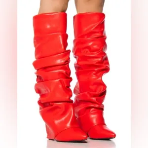 Azalea Wang Red Vegan Leather Slouchy Knee High Boots
