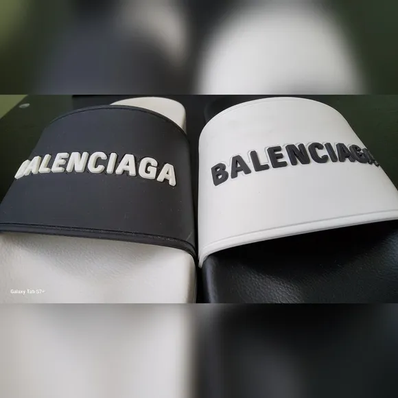 BALENCIAGA Mix Bi-Color Black &amp; White Logo Slide Sport Pool Slip on Sandal Sz. 8