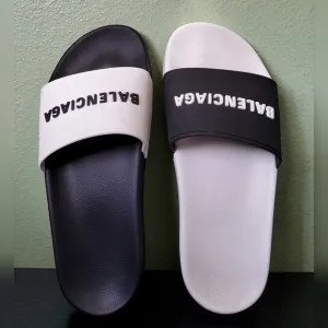 BALENCIAGA Mix Bi-Color Black &amp; White Logo Slide Sport Pool Slip on Sandal Sz. 8