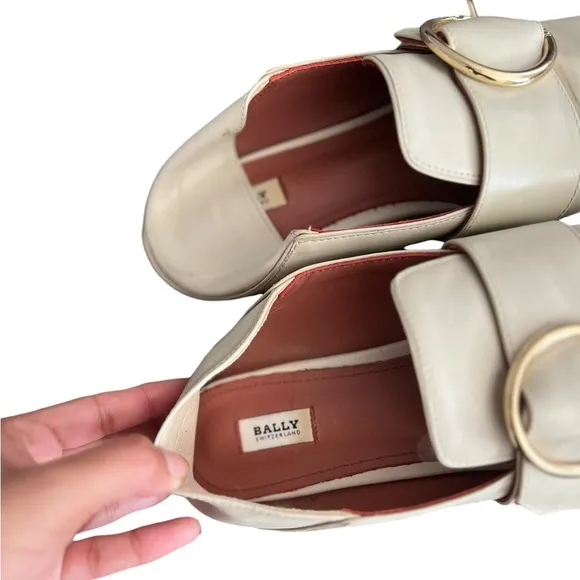 BALLY The Lottie Leather Buckle Beige Loafers Mules Slip Ons