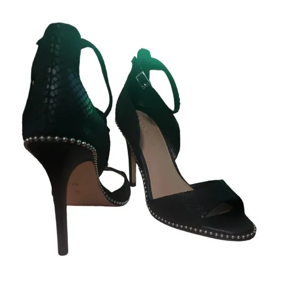 BCBGeneration Jessika Suede Ankle-Strap Sandals, 8.5, Black, Snake Skin, Studded