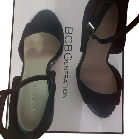 BCBGeneration Jessika Suede Ankle-Strap Sandals, 8.5, Black, Snake Skin, Studded