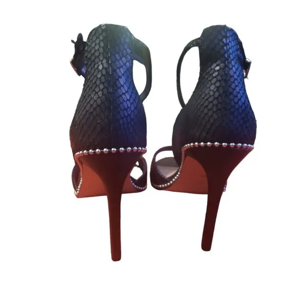 BCBGeneration Jessika Suede Ankle-Strap Sandals, 8.5, Black, Snake Skin, Studded
