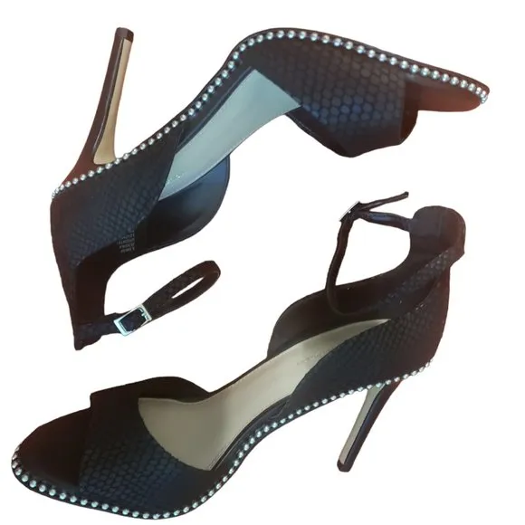 BCBGeneration Jessika Suede Ankle-Strap Sandals, 8.5, Black, Snake Skin, Studded