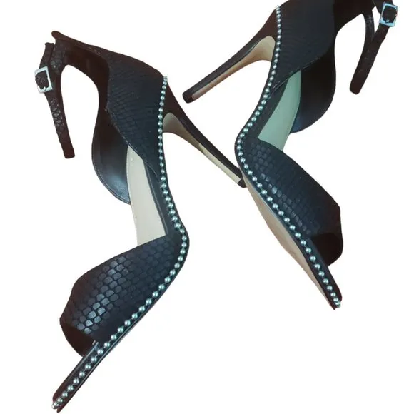 BCBGeneration Jessika Suede Ankle-Strap Sandals, 8.5, Black, Snake Skin, Studded