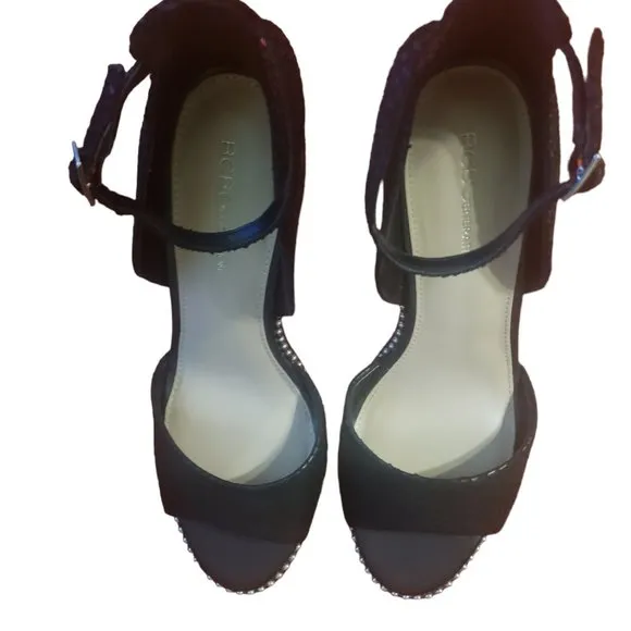 BCBGeneration Jessika Suede Ankle-Strap Sandals, 8.5, Black, Snake Skin, Studded