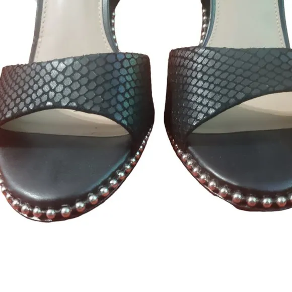 BCBGeneration Jessika Suede Ankle-Strap Sandals, 8.5, Black, Snake Skin, Studded