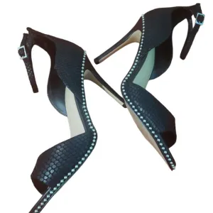 BCBGeneration Jessika Suede Ankle-Strap Sandals, 8.5, Black, Snake Skin, Studded