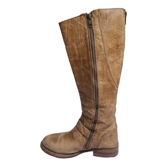 Bed Stu Glaye Tall Womens 7 Riding Leather Boot Tan Rustic Buckle Zip Distressed
