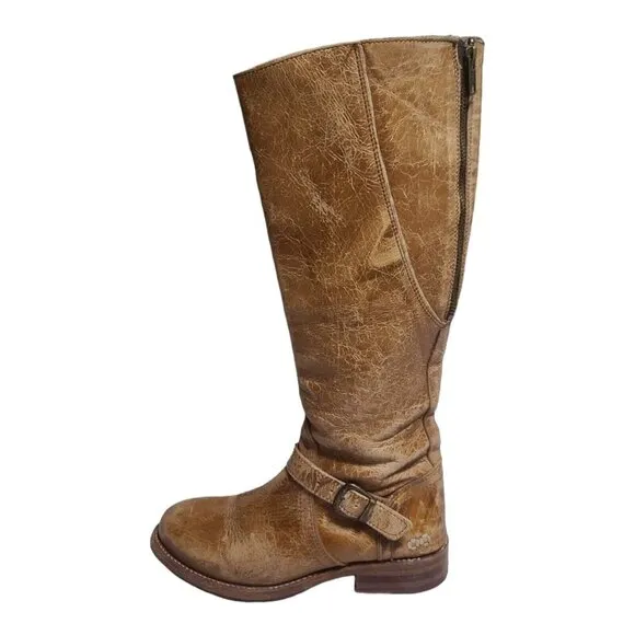 Bed Stu Glaye Tall Womens 7 Riding Leather Boot Tan Rustic Buckle Zip Distressed