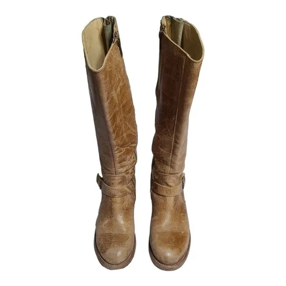 Bed Stu Glaye Tall Womens 7 Riding Leather Boot Tan Rustic Buckle Zip Distressed