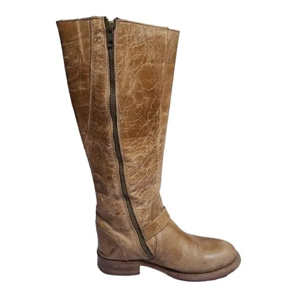 Bed Stu Glaye Tall Womens 7 Riding Leather Boot Tan Rustic Buckle Zip Distressed