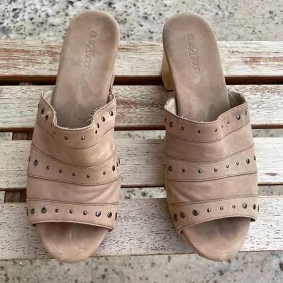 Beige Studded Open-Toe Suede Clogs Suzzato Women's Size 9