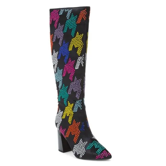 BETSEY JOHNSON Black Multi Naomy Sequin Houndstooth Knee High Boots