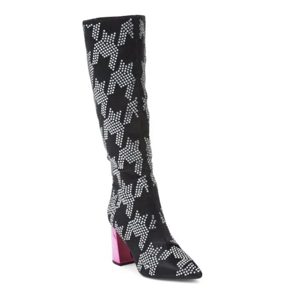 BETSEY JOHNSON Black/silver Naomy Sequin Houndstooth Knee High Boots