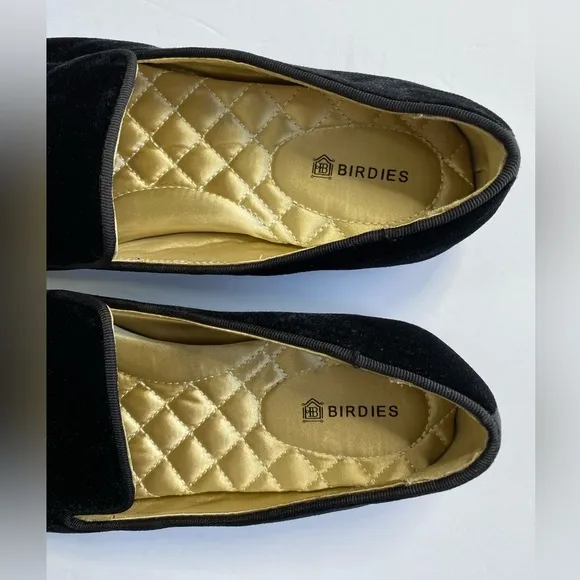Birdies Starling Velvet Flats Womens 6 Black Quilted Insole Slip On Comfort