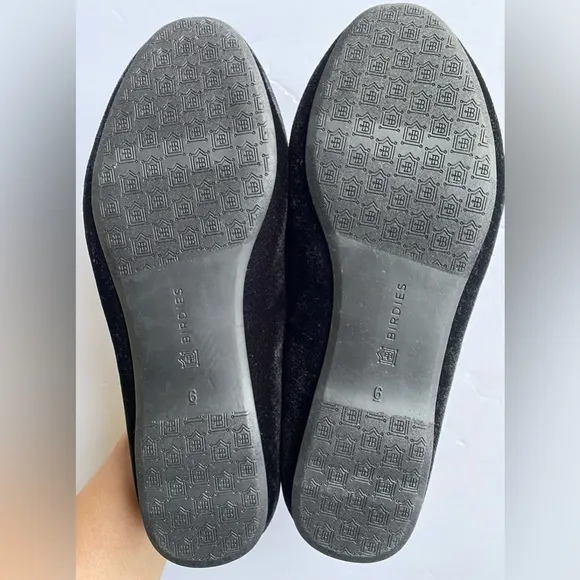 Birdies Starling Velvet Flats Womens 6 Black Quilted Insole Slip On Comfort